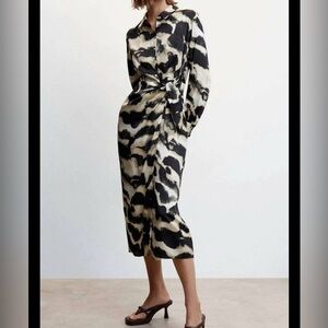 Mango Black and Cream Long Sleeve Dress